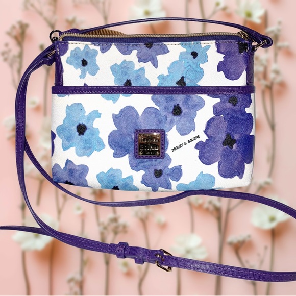 Y2K Dooney & Bourke White Purple Blue Ginger Floral Leather Crossbody Purse Bag - Picture 2 of 12